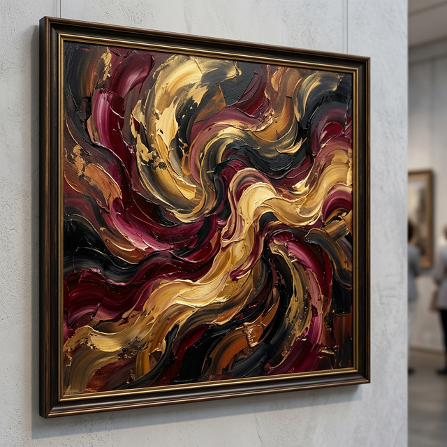 Composition abstraite en or et bordeaux, peinture expressionniste