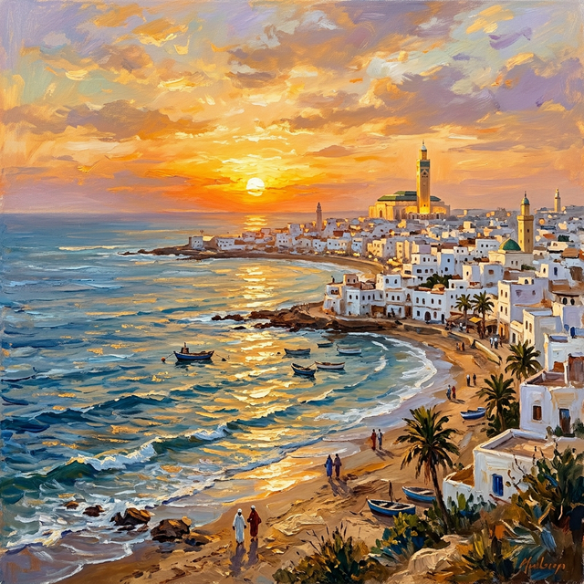 Paysage de Casablanca au coucher de soleil, peinture impressionniste