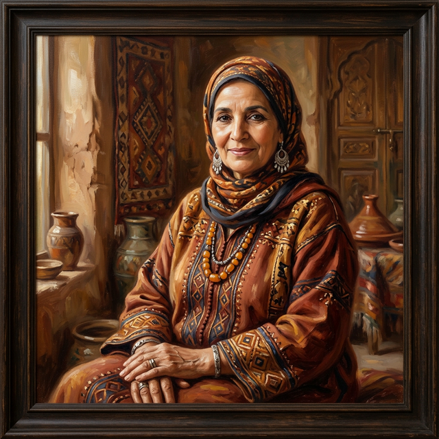 Portrait d'une femme marocaine élégante, peinture à l'huile