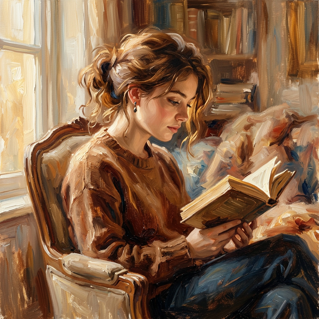 Portrait rêveur d'une femme lisant, peinture impressionniste
